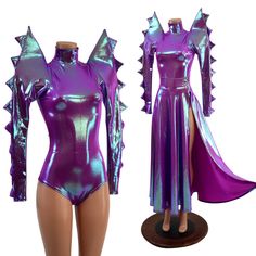 Are you having a hard time getting people to take you seriously?   Do you need to add a little menace to your every day wardrobe, but keep it fun and sparkly?  We got you, boo. This suit is stretchy, holographic spandex, with a turtuleneck and a zipper back. It has a cheeky, siren cut leg, and sleeves.  Did I say SLEEVES?   These sleeves are long, sharp, and ready to take control. You are not a wall flower, you are a spikey dance monster, redefining the meaning of PowerPoint Presentations! Also included is the long breakaway skirt.  It has snaps on the side for a quick reveal. Plumeria Holographic Want it in a different color?  Please ask. This item is made to order. Ships out within 5 days of purchase. Womens Sizing (See below for instructions on where measurements should be taken) XXS: B Space Fashion Futuristic, Alien Clothes, Space Fashion, Powerpoint Presentations, Handmade Dresses, Hot Outfits, Women's Costumes, Dance Outfits, Do You Need