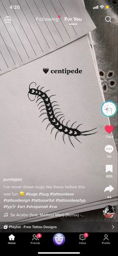 the app is showing an image of a centipee on it's screen