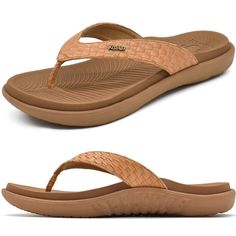 PRICES MAY VARY. Fashion thong sandals:women flip flops with leather strap is printed with distinctive woven pattern and inlaid with KuaiLu's metal logo, which is very simple and textured. The widened design of the strap makes the slippers more sporty. The insole is printed with a delicate KuaiLu pattern. The color scheme is classic and fashionable. Fantastic arch support: Orthotic sandals for women use thick cushioned sole and contoured arch support,which can help relieve pressure and pain caus Brown T-strap Sandals For Beach With Textured Footbed, Brown T-strap Sandals With Textured Footbed For Beach, Beige Synthetic T-strap Sandals For Beach, Brown Synthetic T-strap Sandals For Vacation, Beach T-strap Toe Post Sandals, Brown Flip Flops With Arch Support For Summer, Adjustable Brown Flip Flops For Beach, Brown Textured Flip Flops For Beach, Comfortable Toe Post T-strap Sandals For Beach