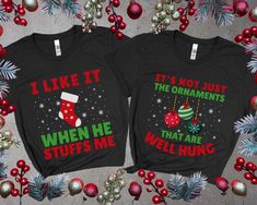 I like it when he stuffs me and It's not just the ornaments that are well hung shirts. These funny Christmas t-shirts are perfect for wearing as matching couples tees this Christmas. Buy it for yourself or give it as the perfect funny couple gift.  ⭐️Festive shirts only, no pants included. ⭐️ Couples Christmas shirts, Matching Couples Christmas shirt, Mom Dad Christmas party, Couples Christmas Pajamas, Funny Couples Xmas shirts Sizing:  Before ordering please check our size chart (last picture o Couples Christmas Shirts, Christmas Pregnancy Announcement Shirt, Christmas Pregnancy Reveal, Mens Christmas Pajamas, Baby Reveal Shirt, Xmas Couple, Gender Reveal Shirts, Couples Christmas, Christmas Pregnancy Announcement