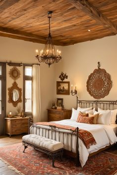 a bedroom with a large bed and chandelier hanging from it's ceiling