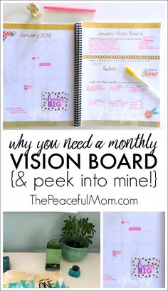 a desk with a notepad, pen and notebook on it that says why you need a monthy vision board & peek into mine