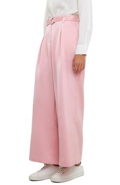 A simple box pleat lends elegance to these bubblegum-hued wide-leg satin pants with an adjustable D-ring belt. 100% polyester Hand wash, dry flat Imported Formal Pink Satin Bottoms, Elegant Pink Satin Bottoms, Chic Pink Satin Bottoms, Spring Pink Satin Bottoms, Feminine Pink Satin Bottoms, Spring Formal High-waisted Culottes, Full Length Culottes For Spring Formal Occasions, Formal Full-length Spring Culottes, Formal Full Length Culottes For Spring