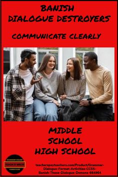 an advertisement for the middle school high school spanish language class, featuring three people sitting on a bench