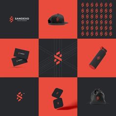 an assortment of different logos and designs on black and red squares with the words sandexo