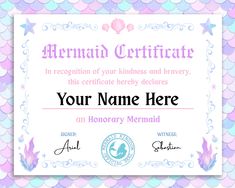 mermaid certificate with pink and blue scales on the bottom, in front of a white background