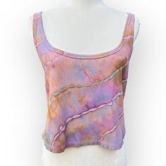 "Hand-Dyed Soft Pink Opal Geode Tie Dye Crop Tank Top This one-of-a-kind tank top has been hand-tied & ice-dyed to create a colorful geode pattern. It was dyed using professional fiber reactive Procion fabric dyes. Machine washable and ready to wear. Perfect for festival season, lounging around the house or night out on the town.  Item Details: - Old Navy Brand Tank Top - Women's Size 2X - Fitted Cropped Top - 92% Cotton, 8% Spandex Ribbed Knit - Prewashed and Preshrunk - Chest: 36\" Unstretched - Total Length: 19\" The item in photos is the item that you will receive. Please note that color may vary slightly based on your monitor settings. Please see my other listings for other one-of-a-kind tie dyes." Spring Acid Wash Fitted Tank Top, Acid Wash Fitted Tank Top For Spring, Spring Acid Wash Sleeveless Tops, Fitted Tie Dye Tank Top, Hand Dyed Acid Wash Sleeveless Top, Acid Wash Hand Dyed Sleeveless Top, Acid Wash Hand-dyed Sleeveless Top, Multicolor Hand Dyed Sleeveless Tops, Hand Dyed Multicolor Sleeveless Tops