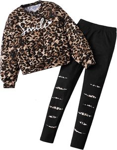 Floerns Girl's 2 Piece Outfit Leopard Print Long Sleeve Sweatshirt and Leggings Set Cartoon Leopard, Sweatshirt And Leggings, Thigh Garter, Thigh Harness, Joggers Set, Leggings Set, Jogger Set, Long Sleeve Sweatshirt