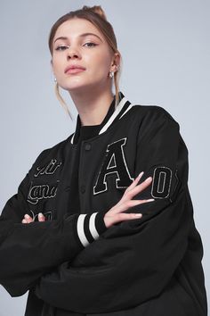 G.O.A.T Jacket - Black | Alo Yoga The Greatest Of All Time, Greatest Of All Time, Varsity Letterman Jackets, Mens Gear, Woman Back, Letterman Jacket, Back Women, Shopper Tote, Jacket Design