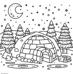 an igloose in the snow with trees and stars on it, surrounded by snow