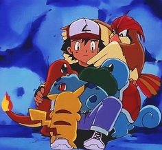 the pokemon characters are sitting together in front of a blue background with an orange fire