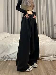 Size: M L XLWaist shape: Natural waistColor classification: BlackPants placket: ZipperApplicable season: All seasonsYear Season: Fall 2022Trouser length: Long pantsStyle: wide-legged pantsColor: Dark Harajuku 90s, Spring Outfits For School, 2000s Clothes, Dress Suits, High Waisted Denim, Long Pants, Casual Jeans, Skirt Pants, High Waisted Pants