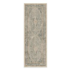 an area rug in grey and beige with a medallion design on the center, along with a white background