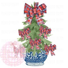 a christmas tree with red, white and blue bows in a pot next to a pink ornament