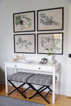 a white table topped with two stools next to pictures on the wall above it