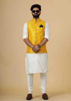 Important Instructions : We request you to kindly calculate the processing time of your order  after the mutual confirmation on Bespoke measurements between us has taken place (either via message , e mail or form) "Crafted with Passion in India; loved by men across the USA, Canada, Europe" Product Specifications : Material: Brocade Silk Color: Bright Yellow Jacket with Off-Jacket Kurta Pajama Collar type: Mandarin Jawahar Jacket With 6 Buttons in Front Package contents: 1 Half Jodhpuri Jacket + White Chanderi Bandhgala With Cutdana, White Long Sleeve Chanderi Bandhgala, Diwali Nehru Jacket With Gota Work, Fitted Bandhgala For Puja During Eid, Long Sleeve Nehru Jacket With Gota Work For Festivals, Nehru Jacket With Gota Work For Festivals, Fitted Nehru Jacket With Gota Work For Navratri, White Chanderi Bandhgala For Transitional Season, Semi-stitched White Nehru Jacket For Designer Wear