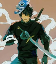 an anime character holding two swords in one hand and wearing a mask on the other