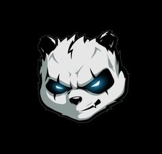 a white panda bear with blue eyes on a black background and an evil look to its face