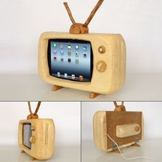 an old fashioned wooden toy tv set made out of wood