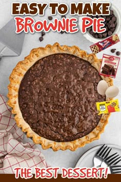 an easy to make brownie pie is shown with the title overlaying it