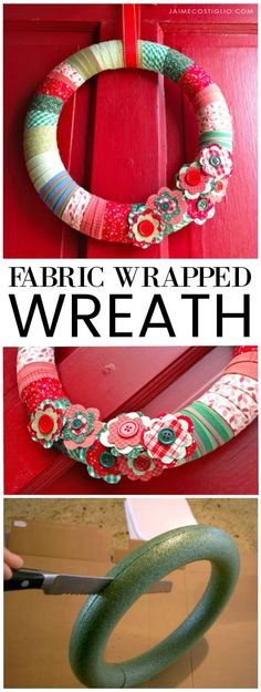 an image of fabric wrapped wreaths on the front door with text overlay that says fabric wrapped wreath