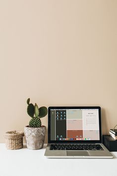 a laptop computer sitting on top of a desk next to a potted cacti