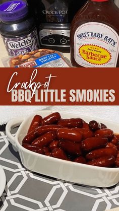 bbq little smokies in a white dish on a table next to bottles of barbecue sauce