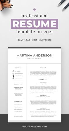 the professional resume template for wordpress is shown in purple and white, along with two pens