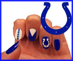 Indianapolis Colts inspired nail art! Want a step by step tutorial on how to get this look? Go to www.pinterest.com/pin/222365300324816293/ Colts Nails, Nascar Nails, Racing Nails, Holiday Nails Glitter, Nail Art Printer