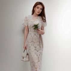 Lasaky - Lace Detail Sleeveless Midi Dress with Waist Cinching Design - Elegant Formal Attire Formal Attire, Cinched Waist, Midi Dress Sleeveless, Types Of Skirts, Here Comes The Bride, Types Of Collars, Lace Detail, Elegant Dresses, Pencil Skirt