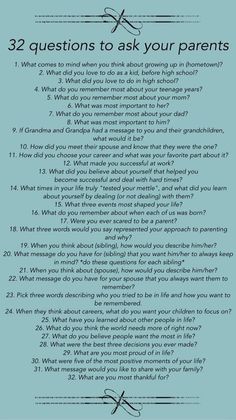 a blue poster with the words 32 questions to ask your parents on it's back