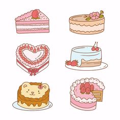 various types of cakes and desserts are shown in this drawing style, including one with heart shaped frosting on the top