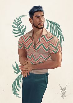 a painting of a man with his hands on his chest and palm leaves behind him