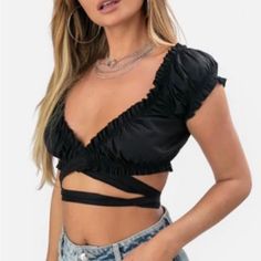 Fails Black Tie Top. Nwt Flirty Black Cropped Top, Flirty Black Crop Top, Black Short Sleeve Crop Top For Evening, Black Crop Top For Summer Night Out, Chic Black Short Sleeve Crop Top, Black Crop Top For Summer Date Night, Flirty Black Crop Top For Party, Black Crop Top For Date Night In Summer, Black Crop Top For Spring Party