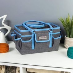 a gray and blue bag sitting on top of a white table next to a potted plant