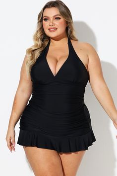 Black Halter Neck Ruched Tummy Control Swimdress Fitted Black Swim Dress With Ruched Details, Black Ruched Swimwear For Party, Fitted Ruched Black Swim Dress, Black Ruched Party Swimwear, Black Ruched Swim Dress For Summer, Solid Ruched Halter Neck Dress, Solid Halter Neck Dresses With Ruched Details, Halter Neck Ruched Dresses, Black Sleeveless Swim Dress With Ruched Detail