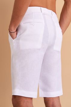 ADNAN PANTS • Our tailored white linen dress shorts are perfect for that smart casual affair. #MastersOfLinen Model Celana, Men Pants Pattern, Female Pirate Costume, White Linen Dress, Pants Outfit Men, White Linen Dresses, Mens Fashion Smart, Dress Shorts, Linen Shirt Men