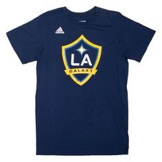 ADIDAS LA Galaxy USA T-Shirt Blue Short Sleeve Mens S Blue Team Spirit T-shirt For Streetwear, Blue Sports T-shirt With Logo Print, Blue T-shirt With Three Stripes Branding, Blue Sporty Adidas Logo T-shirt, Blue T-shirt With Three Stripes For Streetwear, Sporty Blue Adidas Logo T-shirt, Sporty Blue T-shirt With Three Stripes Branding, Sporty Adidas Blue T-shirt, Blue Adidas Logo Cotton Top