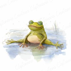 a green frog sitting in the water with its eyes closed and it's legs crossed