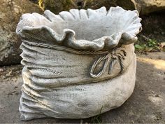 a bag that is sitting on the ground next to some rocks and grass in front of it