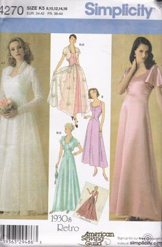 This Simplicity sewing pattern was released in 2006. It is a reproduction of a 1930's design. It makes a full length gown with a shaped waist and a bolero jacket. Sizes 8 10 12 14 16: Bust 31 1/2 to 38   ---   Waist 24 to 30   ---   Hip 33 1/2 to 40. The pattern is unused and still in factory folds. The instructions are included. The envelope is in good condition. To see more bridal patterns: https://www.etsy.com/shop/studioGpatterns?section_id=7331057 To visit my shop: https://www.etsy.com/shop Wedding Dress Sewing Patterns, Retro Wedding Dresses, Formal Dress Patterns, Retro Bridal, Sewing Wedding Dress, Wedding Dress Patterns, Trumpet Wedding Dress, Bolero Jacket, Colored Wedding Dresses