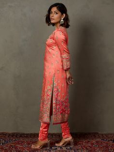 Editor's Note Elevate your ethnic elegance with our coral/pink ari-hand embroidered arin kurta set, including bottoms and a matching dupatta. This ensemble features intricate hand embroidery, making it the perfect choice for special occasions and festive celebrations, exuding timeless charm and style. Color: Pink Fabric: Silk satin Components: Kurta, pants and dupatta Occasion: Festive Note: Product colour may slightly vary due to photographic lighting sources Care: Dry clean only About the Desi Stitched Churidar, Satin Embroidery, Pink Kurta, Kurta Set For Women, Ritu Kumar, Sequin Embroidery, Pattern Embroidery, Satin Color, Color Coral