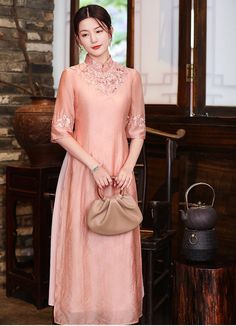 Modern Cheongsam, Chinese Style Dress, Qipao Cheongsam, Qipao Dress, Cheongsam Dress, Elbow Length Sleeve, Jacquard Fabric, Peach Pink, Traditional Chinese