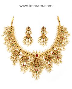 22K Gold 'Lakshmi' Guttapusalu Necklace Set For Women With Cz,Pearls & Beads (Gutta Pusalu)
   - 235-GS3016 - in 108.700 Grams for USD $8268.39. 
Made in India by Totaram Jewelers Online this product is in Gold - 22 Karat BIS Hallmark 916 KDM Gold  & is an excellent gift for Adult - Women. Ships fully insured with secured guaranteed delivery for free with your order over $250 from New Jersey USA & comes with 30 days exchange policy. Temple Gold Jewellery, Temple Jewellery Necklace, Guttapusalu Necklace, 22 Karat Gold Jewelry, Indian Gold Jewellery Design, Gold Jewelry Design, South Indian Temple, 22 Carat Gold Jewellery, Gutta Pusalu