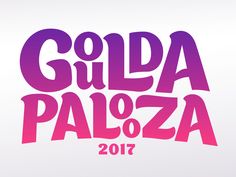 the words guda palaza are painted in pink and purple on a white background