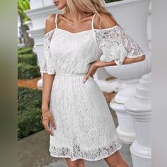 New Without Tags Shein Elegant Womens All White Lace Cold Shoulder Dress Size Large 8/10. *Lined Body With Sheer Flounce Half Sleeves *High Elastic Waist *Adjustable Spaghetti Shoulder Straps *Regular Fit A-Line Pullover Dress Length: 30.9" Bust: 42.1" Waist: 29.1"-52" Sleeve Length: 9.5" Cuff: 32" Cheap White Dresses With 3/4 Sleeves, White Knee-length Lace Dress For Summer, Casual Off-shoulder Lace Dress, White Scalloped Lace Short Sleeve Dress, Forever 21 White Short Sleeve Dresses, White Knee-length Lace Dress With Scalloped Details, Shein Dress, All White, Large Size Dresses