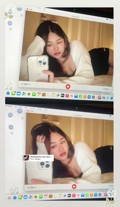 two pictures of a woman laying in bed with her cell phone and laptop on the screen