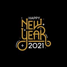 the happy new year logo with gold lettering on a black background