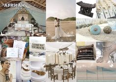 a collage of different pictures with white and blue accents, such as an african theme