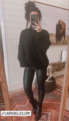 Classy Mom Outfits Winter, Nice Fall Day Outfits, Thighhighboots Outfits Baddie, Cute Casual Bar Outfits Winter, Fall In The Mountains Outfit, Black Leather Pants Outfit For Work, Mom’s Night Out Outfit, Cute Black Fall Outfits, Fall Bar Crawl Outfits